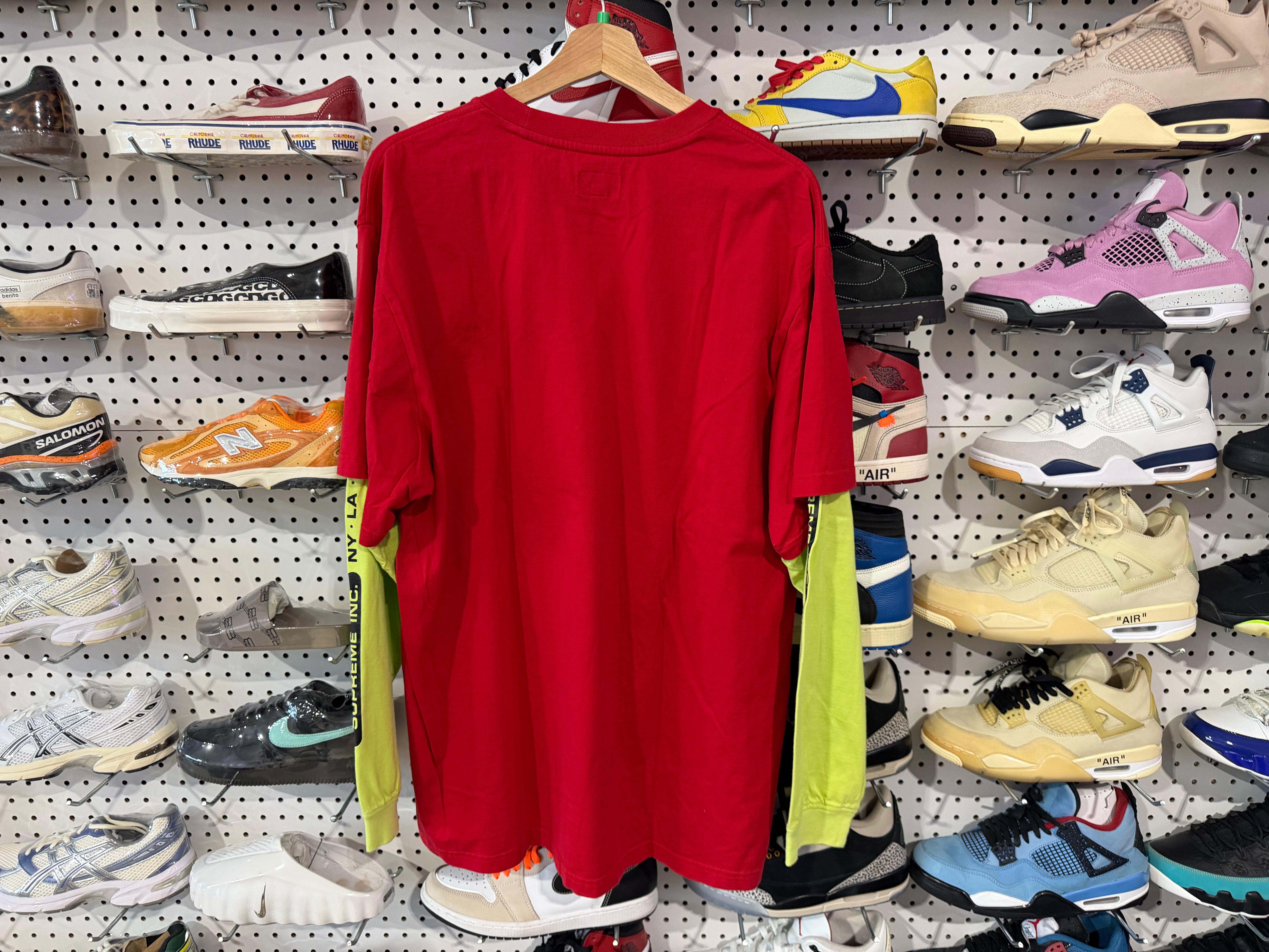 USED Supreme Double Layer L/S Tee - Red/Lime Size XL